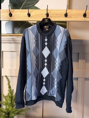 Vintage 80s Colony brand crewneck knit sweater Navy Blue Diamond-Pattern XL